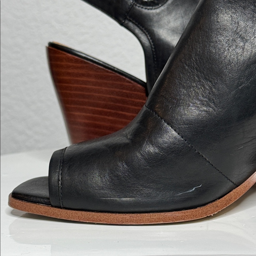 FRANCO SARTO ICELYNN BLACK LEATHER PEEP TOE BLOCK HEELED ANKLE STRAP BOOTIE - Picture 15 of 15